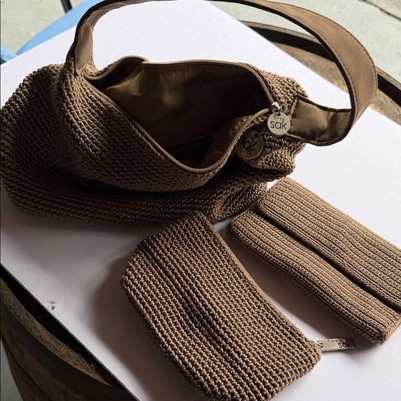 The Sak Handbags - The Sak Tan Crochet Shoulder Bag with Matching Wristlet and Pouch